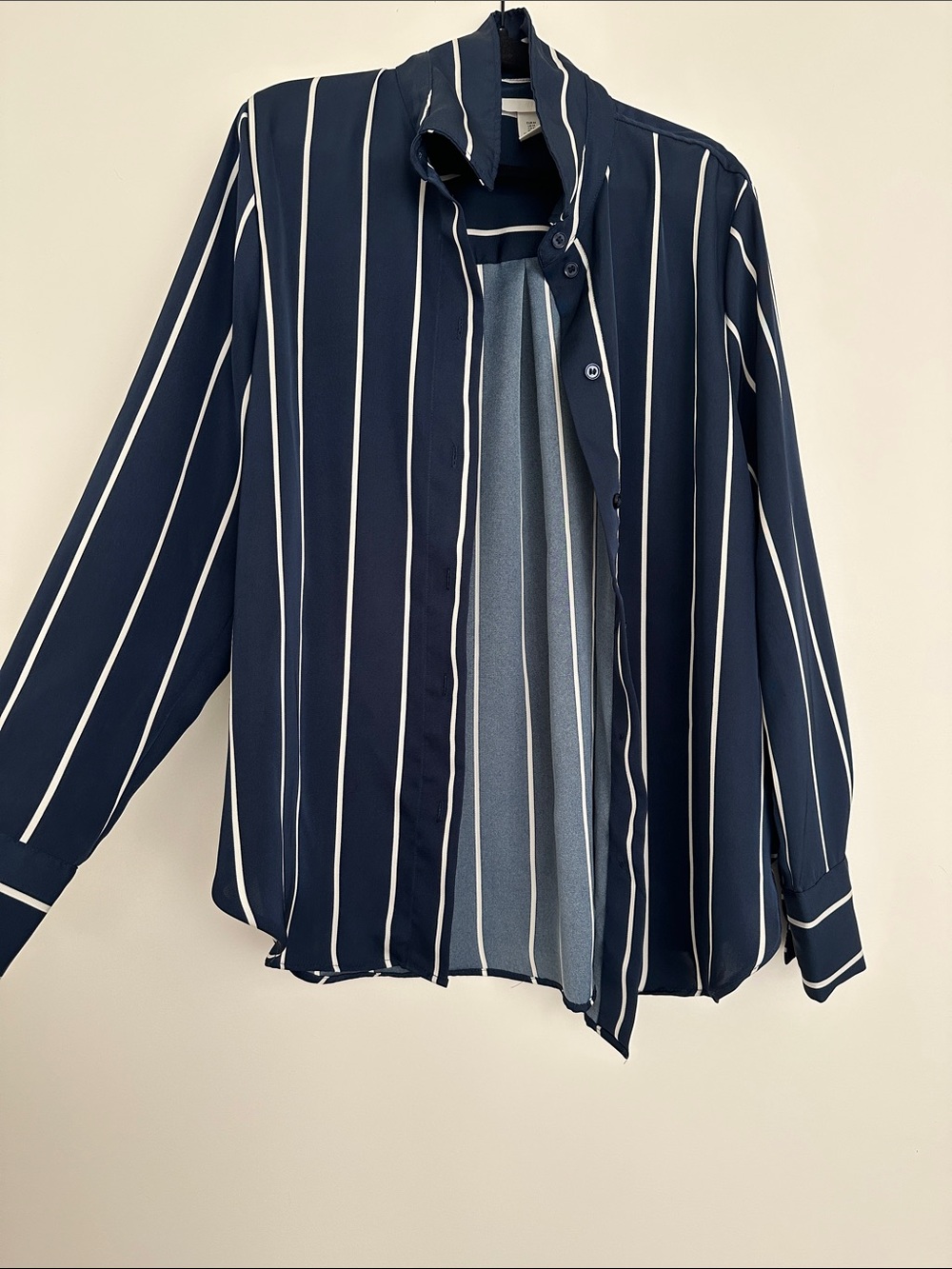 H&M Navy Blue and White Vertical Stripe Button-Down Shirt